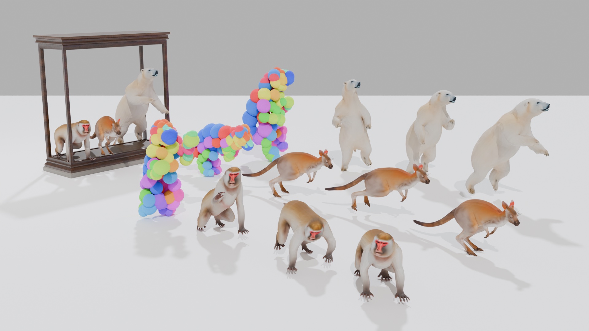 Static animal meshes, the Semantic Gaussian Bones AniMuse predicts for them, and the motion it generates.